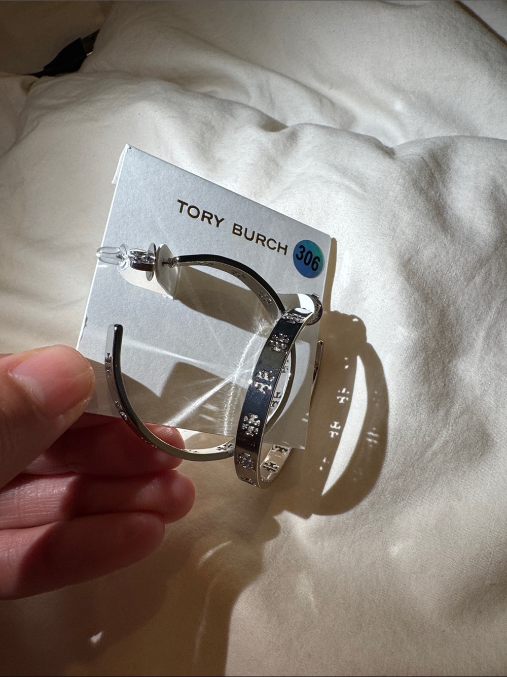 Tory Burch Silver Hoop Earrings with Logo Cutouts